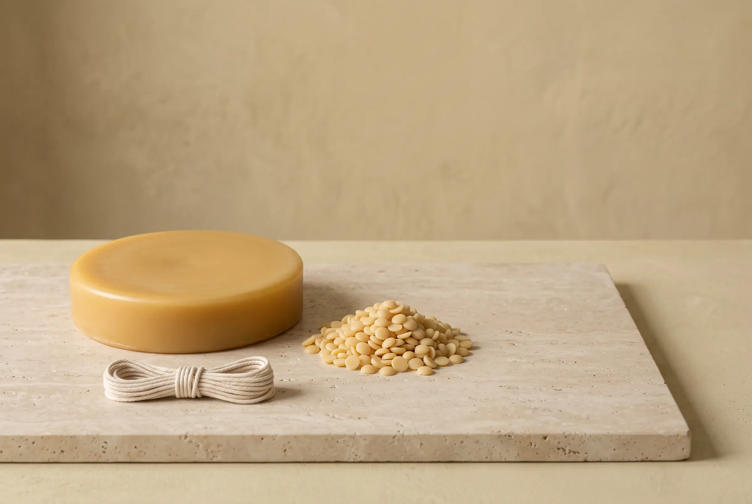 A block of raw beeswax and wax pellets on a stone board