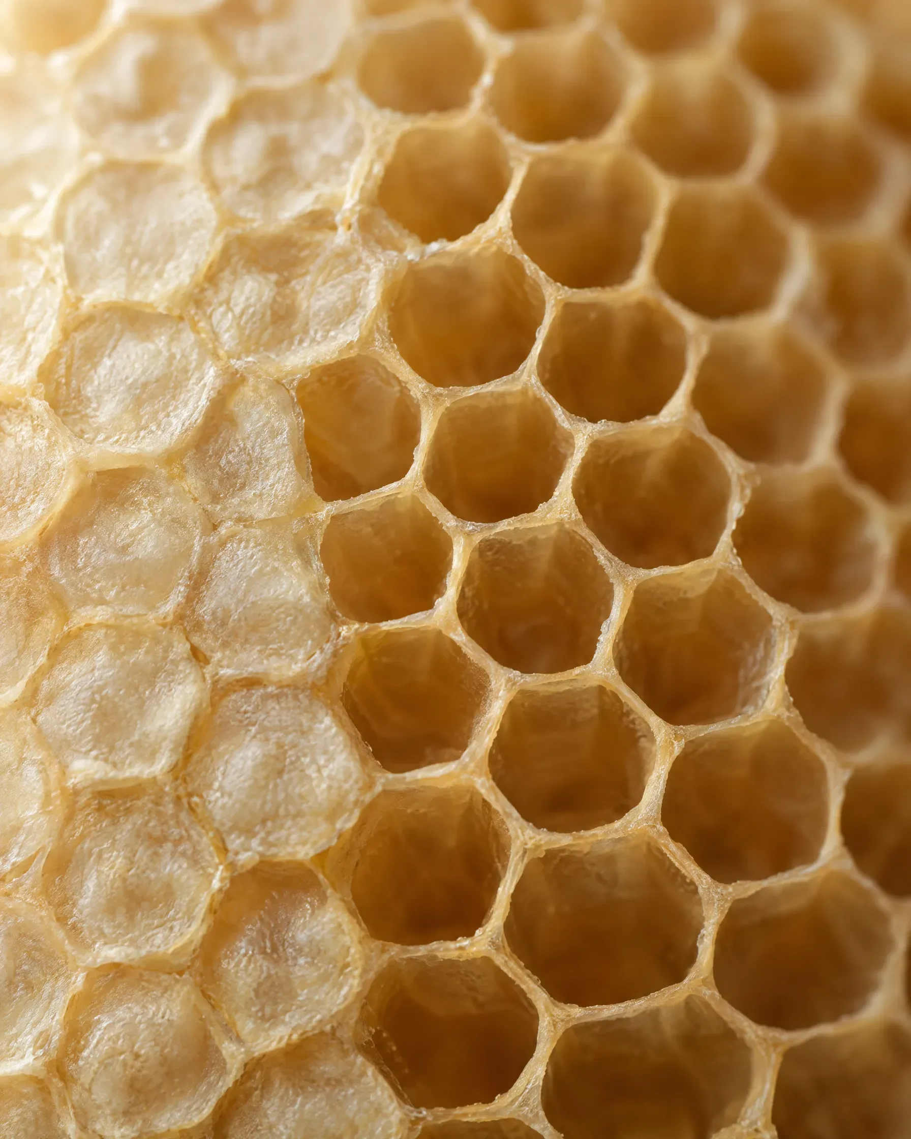 Close-up of golden honeycomb cells
