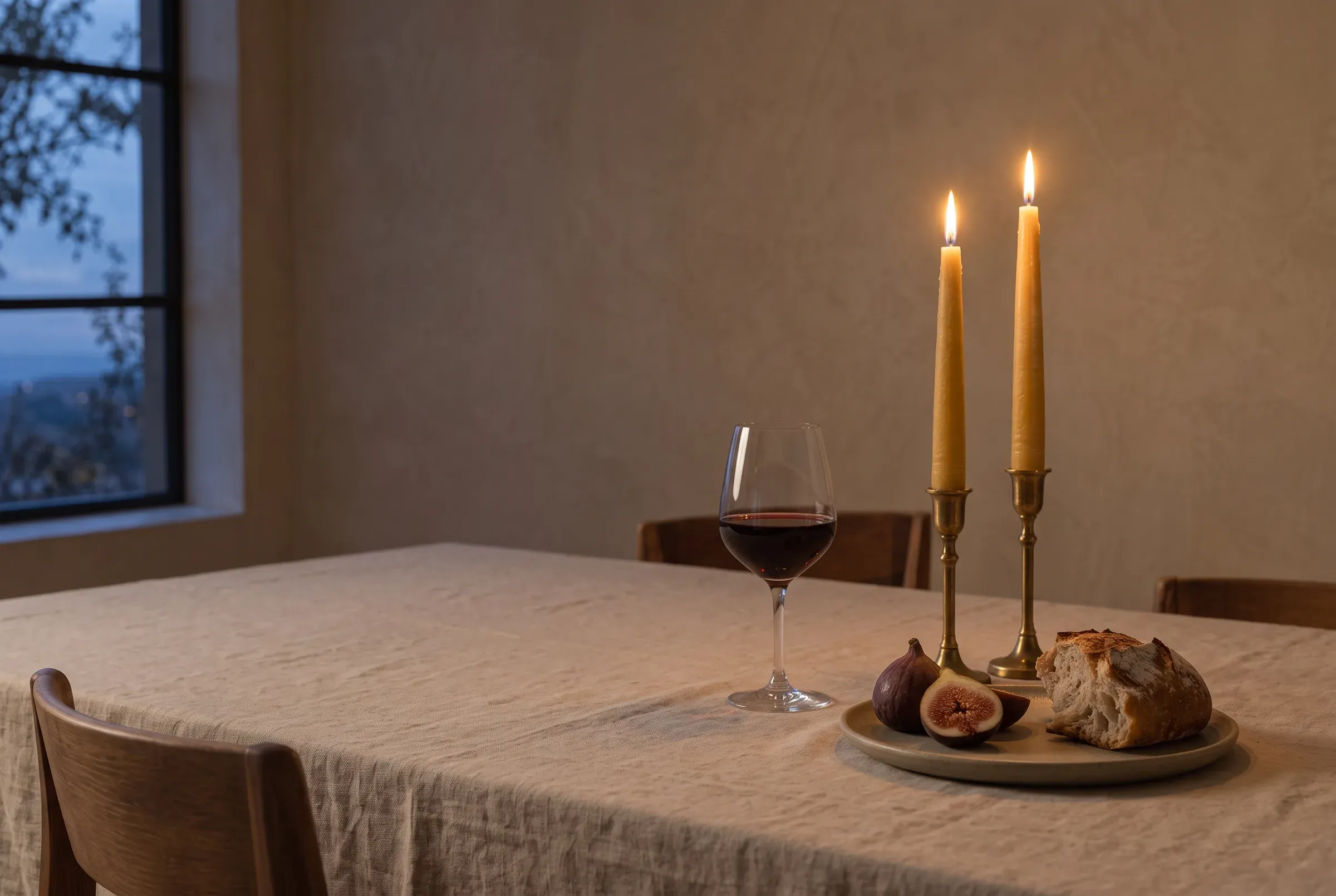 A dining table set with linen, wine and two lit beeswax tapers