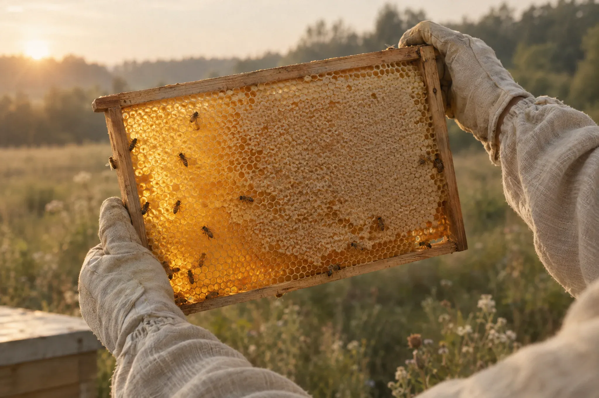 Gloved hands lifting a frame of capped honeycomb in a meadow at sunset