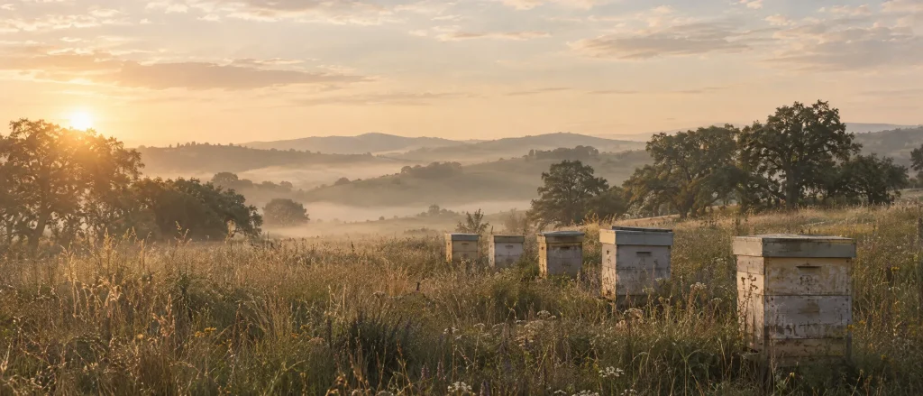 Wooden beehives in a meadow at dawn