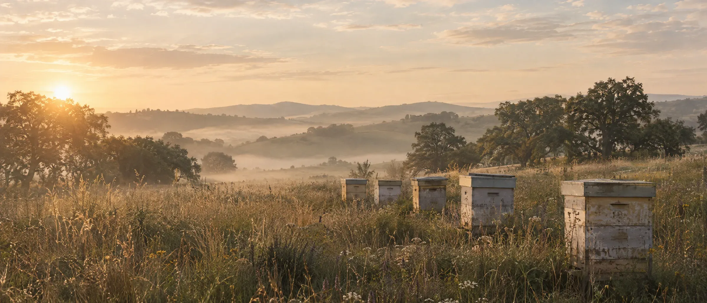 Wooden beehives in a meadow at dawn