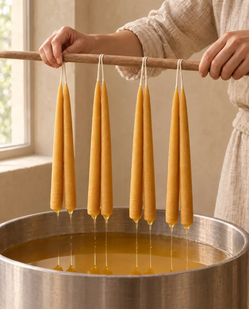 Beeswax taper candles being hand-dipped in molten beeswax