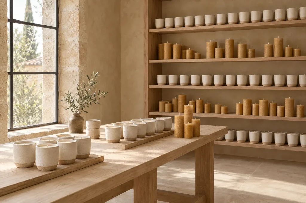 Shelves of beeswax candles curing for weeks in a stone-walled atelier