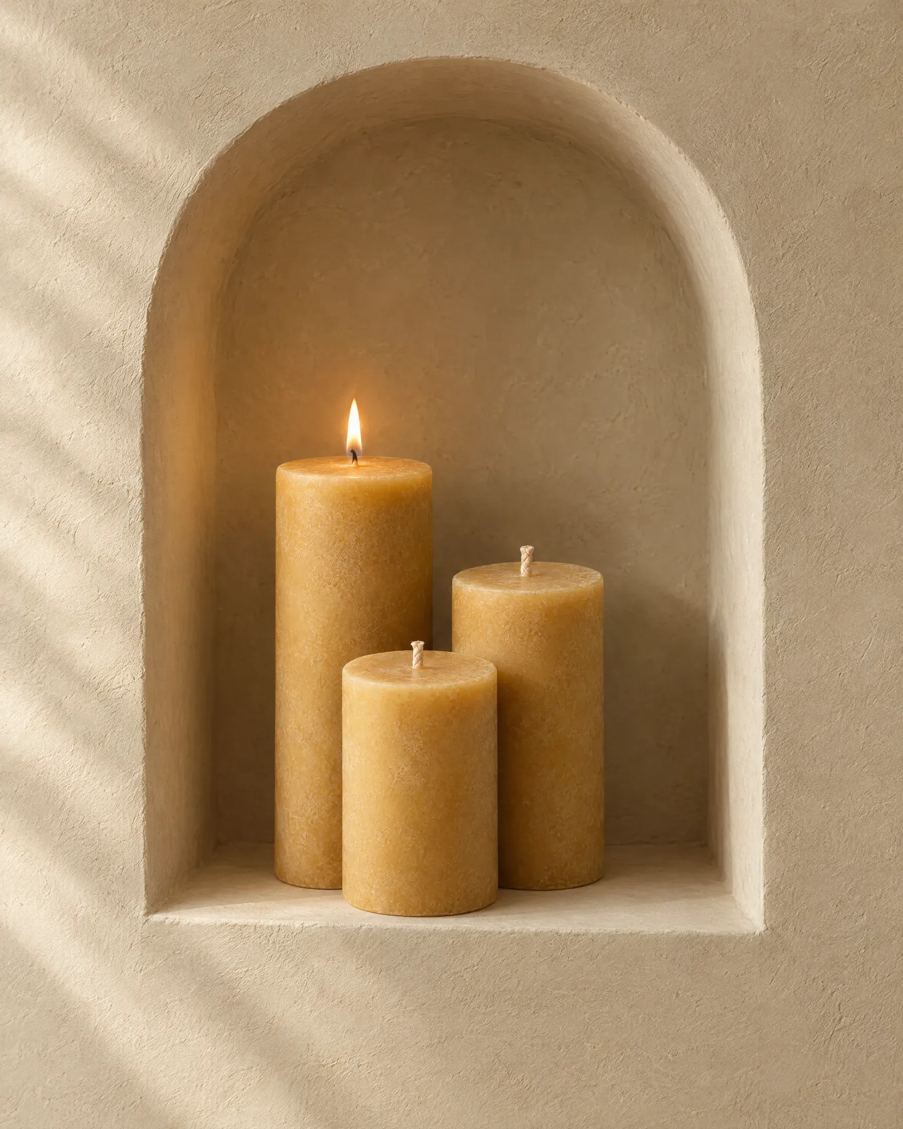 Beeswax pillar candles in a plaster niche, one of them lit
