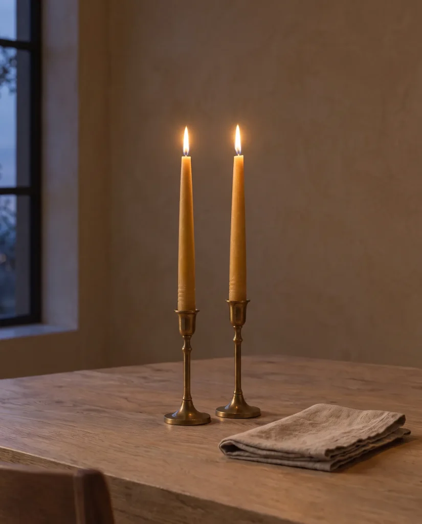 Two lit beeswax taper candles in brass candlesticks