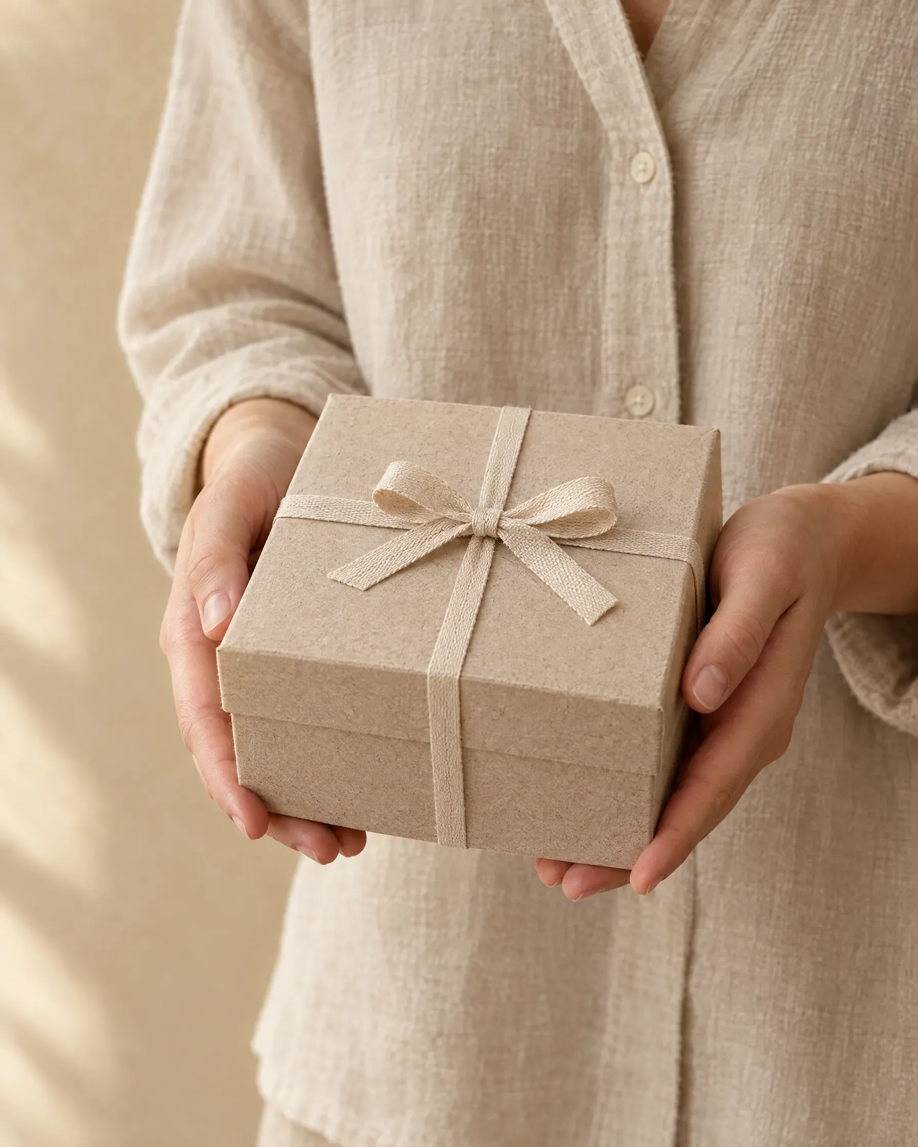 Hands holding the Evening Set beeswax candle gift box, tied with ribbon