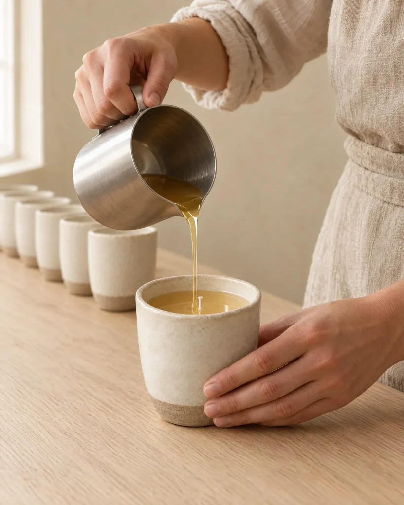 Hands pouring molten beeswax into a stoneware cup to make a beeswax candle