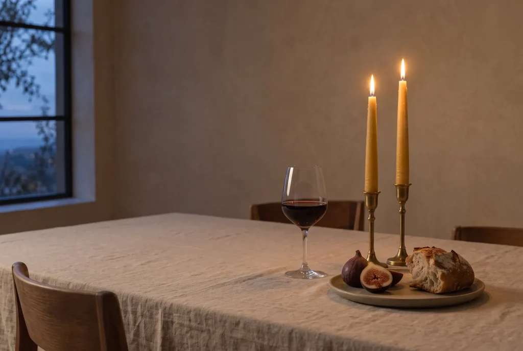 Tapers, red wine and figs on a linen table