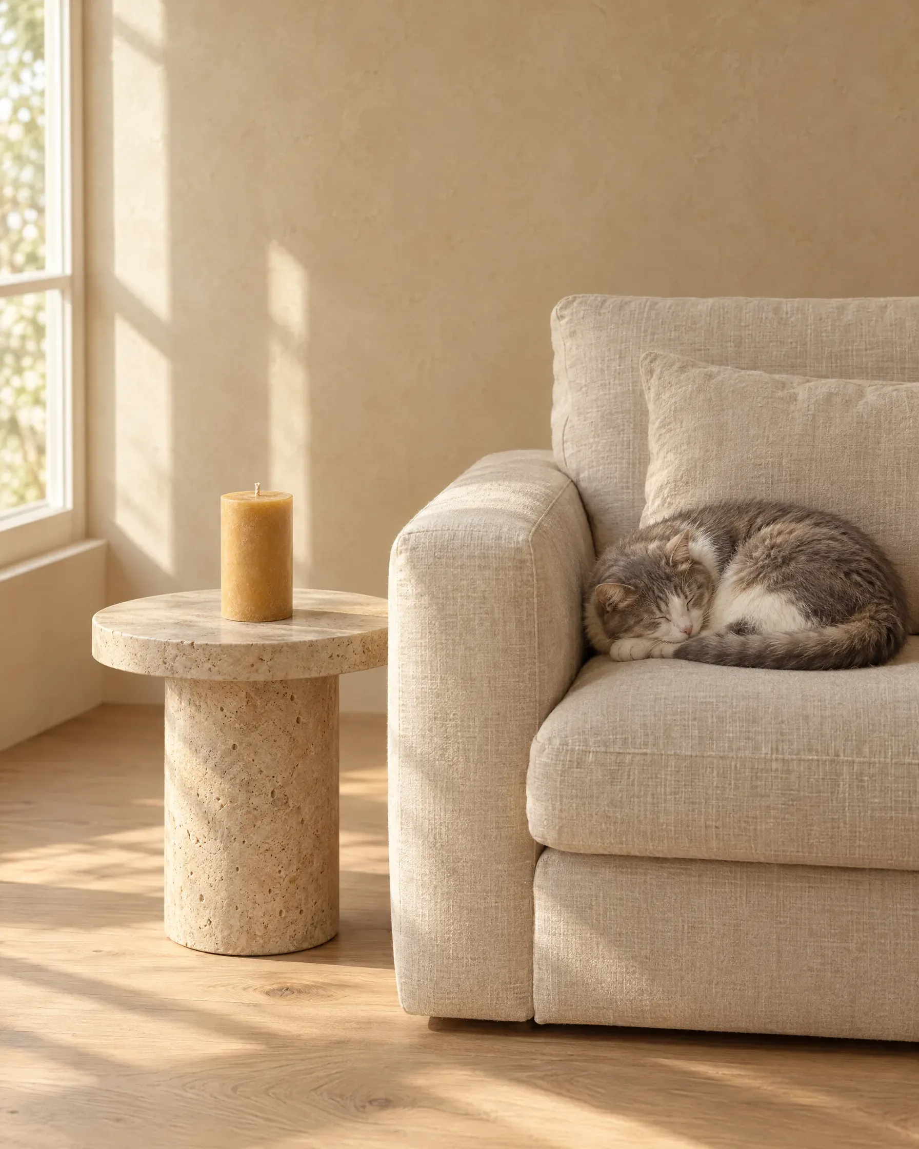 A cat asleep beside an unlit, unscented beeswax pillar candle