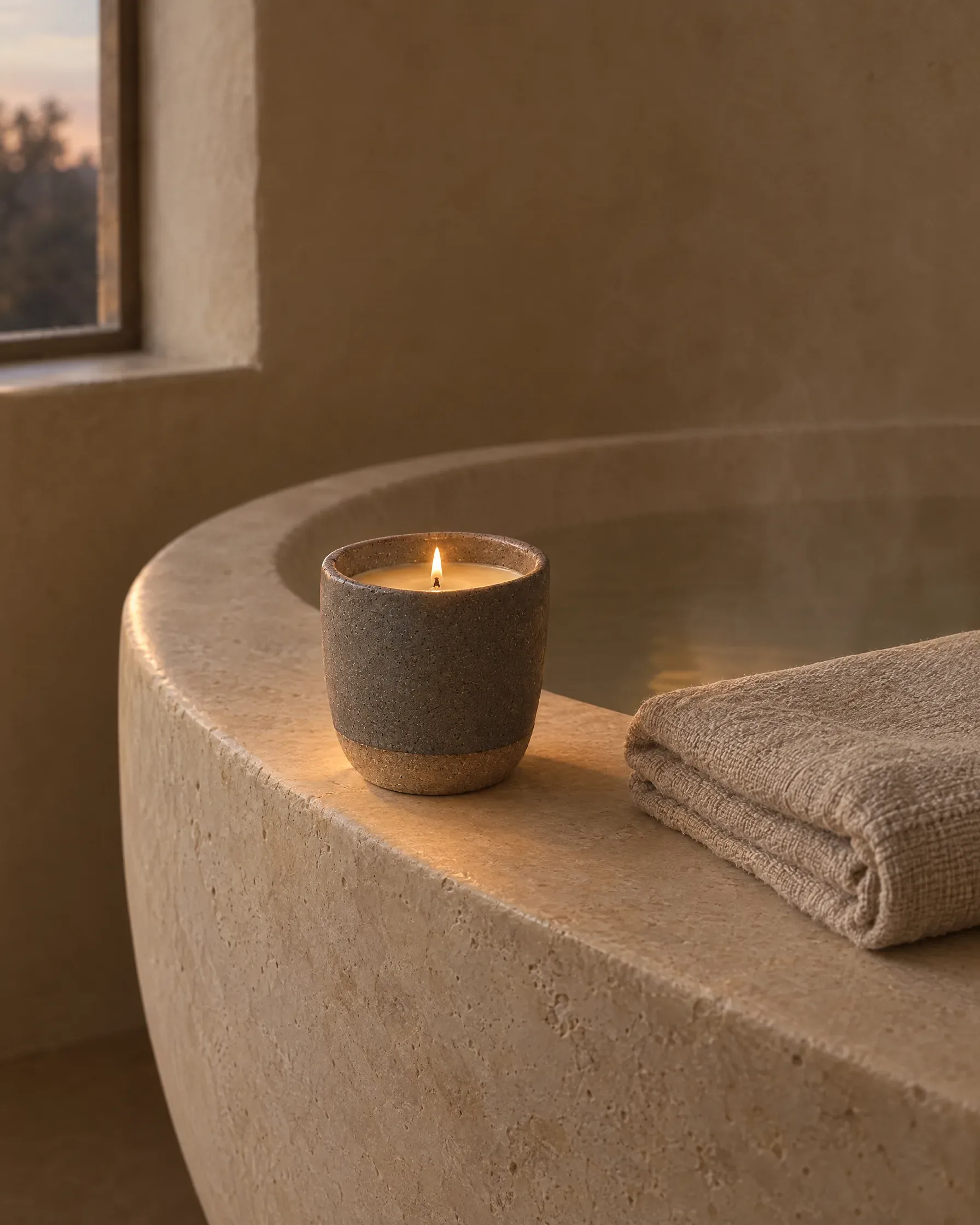The Ash vessel, a beeswax candle in grey stoneware, beside a stone bath