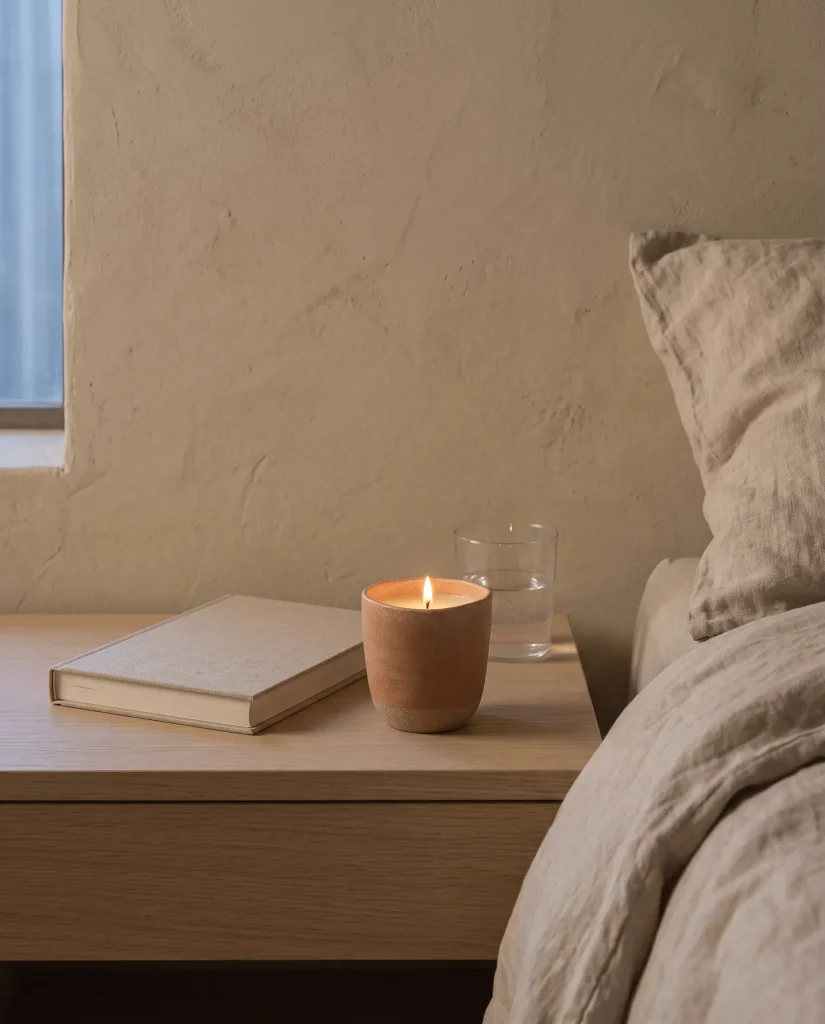 The Clay vessel, a beeswax candle in terracotta stoneware, on a bedside table