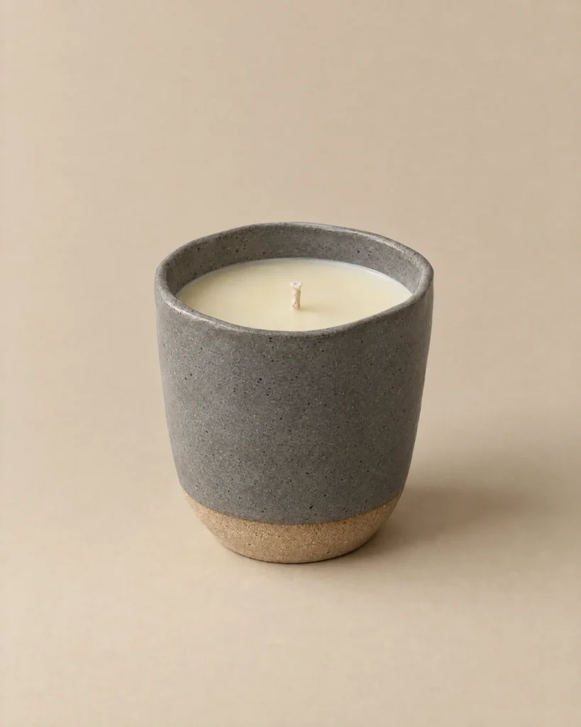 Beeswax candle in a speckled ash-grey stoneware cup